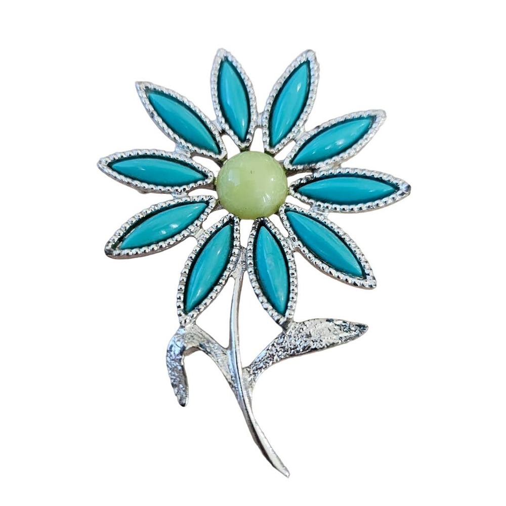 Sarah Coventry Vintage Turquoise Blue Lime‎ Green Flower Brooch Silver Tone Pin